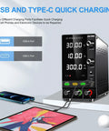 Variable DC Power Supply 30V 10A 300W Lab Bench Charger with Output Switch OCP Quick Charge Port Battery Mode shown charging devices