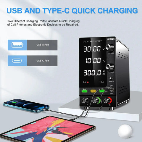 Variable DC Power Supply 30V 10A 300W Lab Bench Charger with Output Switch OCP Quick Charge Port Battery Mode shown charging devices