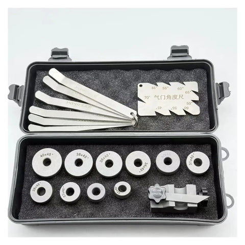 Heavy Duty 20-40mm Valve Seat Diamond Grinding Wheel Set With Angled Ruler And Clearance Gauge For Family Cars To Fix Minor Engine Glitches On The Fly, open case with metal tools