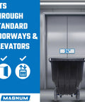Heavy Duty Tilt Truck And Half Cubic Yard Dump Cart, 750 Lb Capacity, Injection Molded Polyethylene Body in elevator doorway.