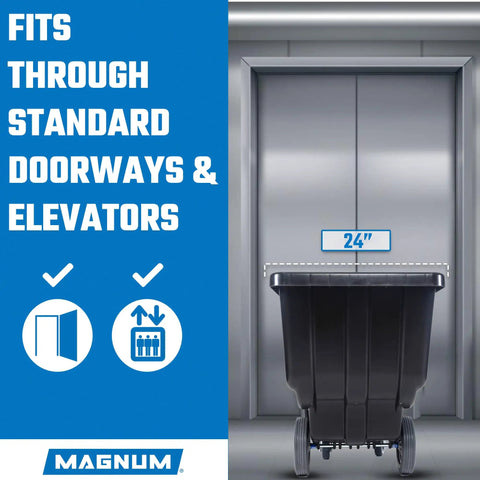 Heavy Duty Tilt Truck And Half Cubic Yard Dump Cart, 750 Lb Capacity, Injection Molded Polyethylene Body in elevator doorway.
