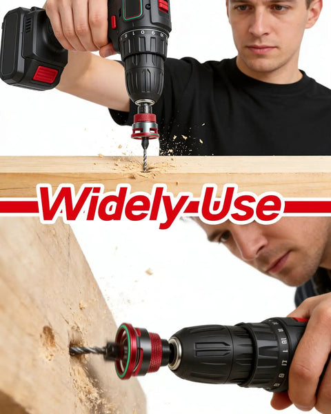 Person using 7 Piece Countersink Drill Bit Set With Four Flute HSS M2 Tapered Bits, Adjustable Depth Stop Collar and Wrench on wood