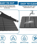 Close-up of Interlocking Plastic Deck Tiles 36 Sq Ft Pack 36 12 by 12 Inches Waterproof Outdoor Flooring being cut and cleaned.