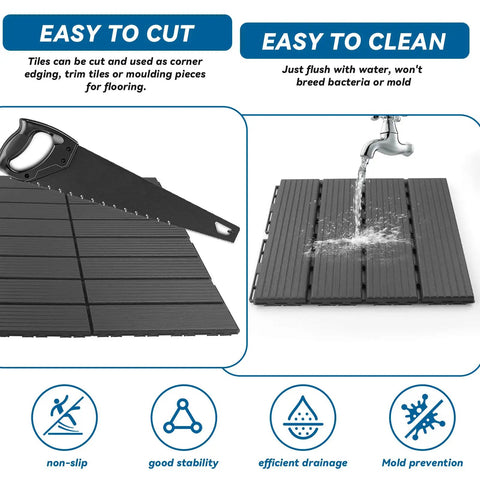 Close-up of Interlocking Plastic Deck Tiles 36 Sq Ft Pack 36 12 by 12 Inches Waterproof Outdoor Flooring being cut and cleaned.