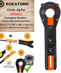 Carbon Fiber Radius Guide Circle Cutting Jig Pro Grade Base Plate For Trim Routers 1.6 To 37 Inch Circles Fits DeWalt DCW600 DWP611 Bolt On Precision Made In USA, product diagram and features displayed.