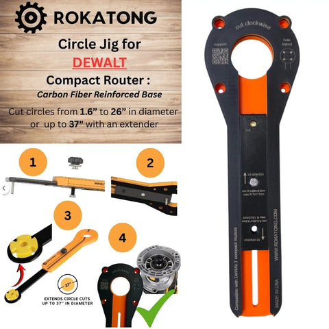 Carbon Fiber Radius Guide Circle Cutting Jig Pro Grade Base Plate For Trim Routers 1.6 To 37 Inch Circles Fits DeWalt DCW600 DWP611 Bolt On Precision Made In USA, product diagram and features displayed.