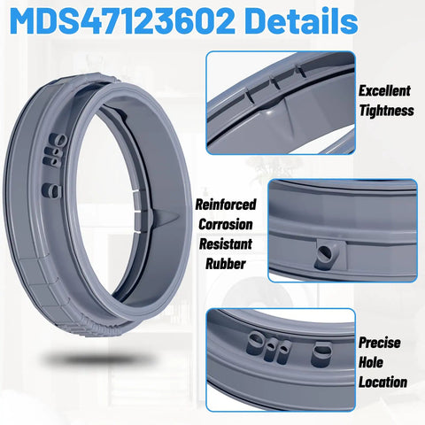 Front Load Washer Door Boot Gasket Replacement For Leaks And Odors, No Mess Easy Install; MDS47123602 detail view with labels