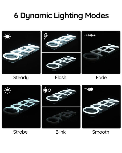 Lit White Neon Open Sign With Remote For Business Front Window Display 20x7 Inch LED Light Up Sign showing 6 lighting modes