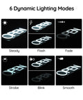Image showing 6 dynamic lighting modes of the Green LED Open Sign With Remote, 20x7 Inch Neon Look, 12V Plug In, Black Backing