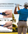 Golfer using Golf Grip Trainer 2 Pack With Swing Correcting Arm Band And Training Aid Instantly Fix Your Hand Position On Any Club