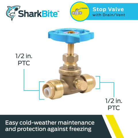 Half Inch Brass Push Stop Valve With Drain And Vent For PEX Copper CPVC PE-RT HDPE Plumbing Fittings in packaging