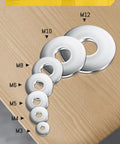 M6 Flat Washers Set 18mm Outer Diameter 1.6mm Thick Stainless Steel 304 A2 Pack Of 20 shown with size comparisons M3 to M12