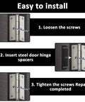 Installation process of 10 Pack 3.5 Inch Black Door Hinge Shims ABS Plastic Repair Kit for easy door alignment shown in steps.
