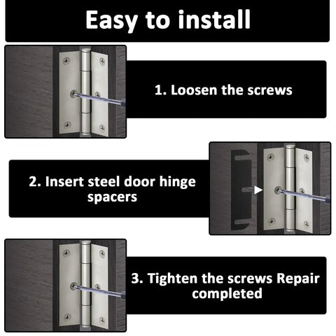 Installation process of 10 Pack 3.5 Inch Black Door Hinge Shims ABS Plastic Repair Kit for easy door alignment shown in steps.