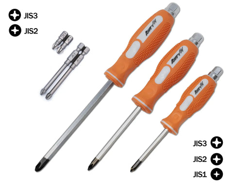 7 Piece JIS Driver Set Pro Grade Screwdrivers And Bits Bundle with three screwdrivers and two long bits on white background