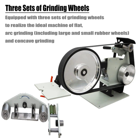 Kickass Pro Series Bench Belt Sander And Knife Grinder With Variable Speed Control and Dual Wheel, featuring three sets of grinding wheels.