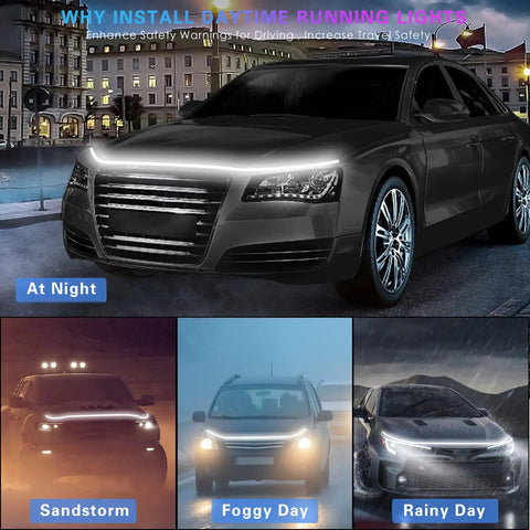 Car equipped with 70 Inch White LED DRL Car Hood Light Strip With Dynamic Scan Start Up for enhanced visibility in various weather conditions.