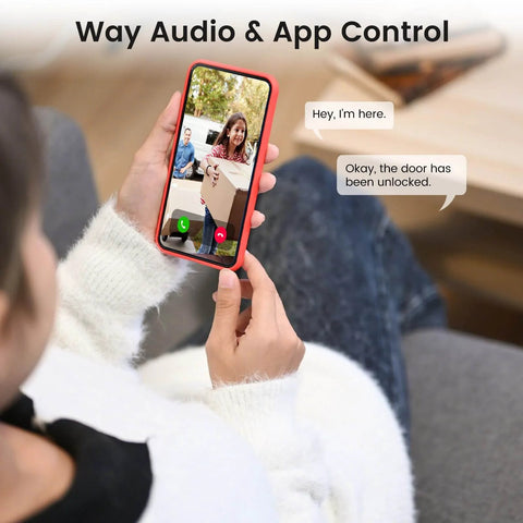 User interacting with Smart Door Lock With Built In WiFi Camera And Doorbell For Front Door 6 In 1 Keyless Entry via smartphone app.