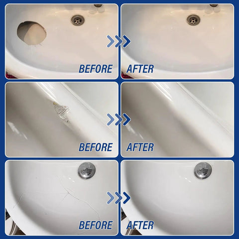 White Porcelain Repair Kit For High Gloss Sinks Tiles And Tubs Quick Chip Crack Hole Fix With Ultra Bond Strength Ceramic shown before and after use