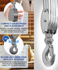 Ultra Compact Rope Hoist With 8 to 1 Lift Upgraded 4 Wheel Block And Tackle System 2200 lb Load Capacity, zinc body and hook