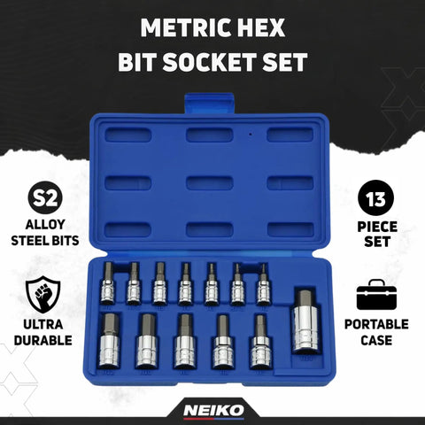 Open blue case showing Metric Hex Bit Socket Set 13-Piece S2 And Cr-V Steel Chrome Finish with labeled features