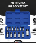 Pro Grade Boss Level Socket Set With Allen Wrenches And Torx Bits in blue case, S2 alloy steel, 13-piece metric hex bit set.