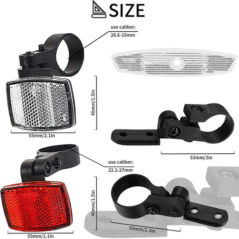 Night Ride Safe Bicycle Reflector Kit 6 Pcs Front White And Rear Red Spoke Reflectors with size and mounting details