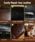 Image showing black leather repair kit effectiveness on scratches, faded leather, splits, scuffs, burns, holes, and cat scratches.