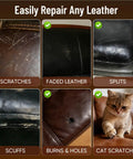 Dark Brown Leather Repair Kit For Furniture And Car Interiors Fixes Faux Leather And Vinyl Tears Scratches Holes Peeling No Sweat Do It Yourself Repair With All Tools shown with examples of scratches, splits, scuffs, and pet scratches on leather surfaces.