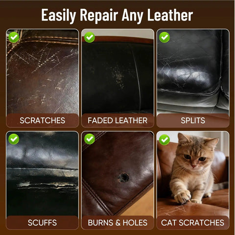 Dark Brown Leather Repair Kit For Furniture And Car Interiors Fixes Faux Leather And Vinyl Tears Scratches Holes Peeling No Sweat Do It Yourself Repair With All Tools shown with examples of scratches, splits, scuffs, and pet scratches on leather surfaces.