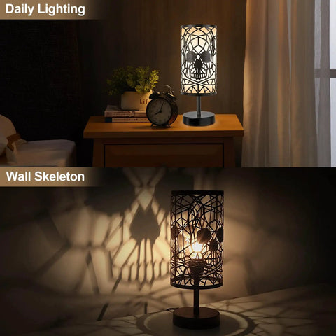 Skull Table Lamp With 3 Way Dimmable Touch Control, Gothic Decor Lighting on nightstand, casting shadow on wall