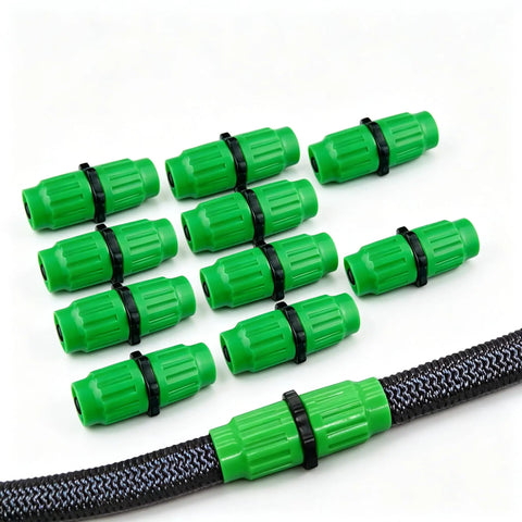 Top Tier Expandable Garden Hose Repair Kit With Leak-Free Female Male Plastic Connectors For Quick Flexible Tube Fixes On Pocket Flexi And Retractable Hoses Up To 1/2 Inch For Super Easy Yard Maintenance And Zero Drip Hassle; green plastic hose couplers on a black hose