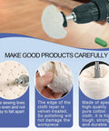 Six Drill Buffing Wheel Kit With Three Polishing Compounds For Metal Stainless Steel Jewelry Wood Ceramic Glass And Other Surfaces, showing cotton cloth wheel on drill head, detail of stitching.