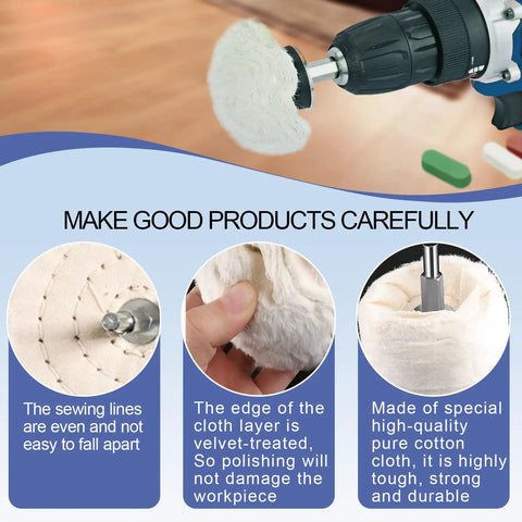 Six Drill Buffing Wheel Kit With Three Polishing Compounds For Metal Stainless Steel Jewelry Wood Ceramic Glass And Other Surfaces, showing cotton cloth wheel on drill head, detail of stitching.