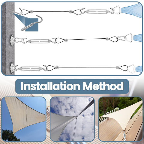 Installation guide for All In One 4 Pack 10 Foot Nylon Coated Stainless Steel Cable Wire Sun Shade Sail Hardware Kit with 79 Accessories.