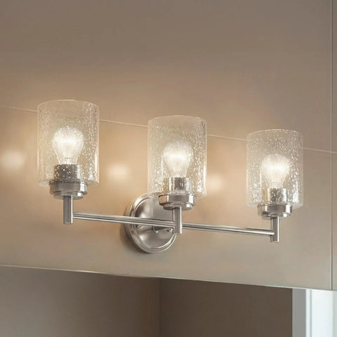 Three Light Vanity Light In Brushed Nickel With Clear Seeded Glass, Modern Transitional Bath Fixture For Above The Mirror, 21.5 Inch Wide