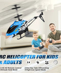 Father and son playing with Remote Control Helicopter Toy With One Key Takeoff And Landing Auto Hover LED Lights Three Point Five Channel Gyro Stabilizer Easy No Fuss Flight For Kids Eight Plus Teens And Adults Blue in living room.