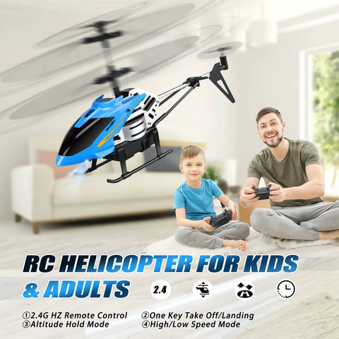 Father and son playing with Remote Control Helicopter Toy With One Key Takeoff And Landing Auto Hover LED Lights Three Point Five Channel Gyro Stabilizer Easy No Fuss Flight For Kids Eight Plus Teens And Adults Blue in living room.