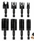 Premium 8 Piece Wood Plug Cutter Drill Bit Set in various sizes, high carbon steel, perfect for seamless furniture repairs and crafts.