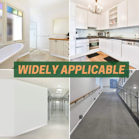 Collage showing white vinyl wall base molding applied in bathroom, kitchen, hallway, and ramp settings under text 'Widely Applicable'.