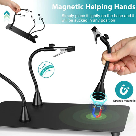 Magnetic helping hand being attached to the base of 10X LED Magnifying Lamp With Light And Stand, showing flexibility and magnetic feature