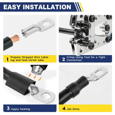 Heavy Duty Beefed Up Tinned Copper Battery Lugs Set For 4 AWG Wire Ends With Five Sixteenth Inch Ring Terminals And Ten Pieces Three To One Adhesive Heat Shrink Tubing Durable Cable Ends Kit installation steps 1 to 4.