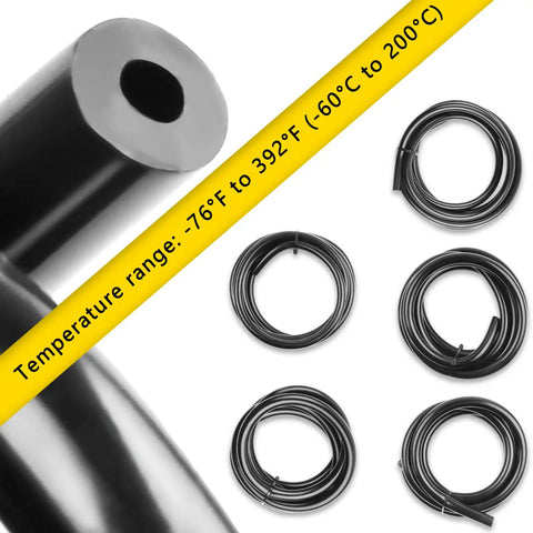 Long 6.6 Ft Silicone Vacuum Hose Kit With 1/8, 5/32, 1/4, 5/16 And 3/8 Inch IDs For High Temp 130 PSI, 5 rolled tubes, temperature range shown