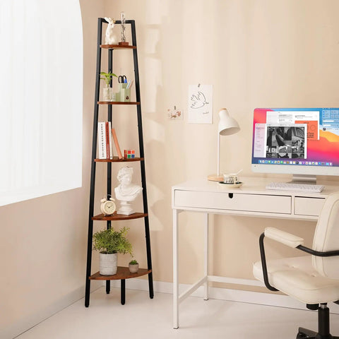 Deadly Solid 5 Tier Corner Bookcase With Heavy Steel Frame And Thick Rustic Wood Shelves in modern office corner