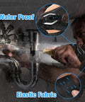 Man repairing pipe wearing LED Flashlight Gloves For Men Dad Gift Night Work Gear With Illuminated Fingers, elastic fabric.