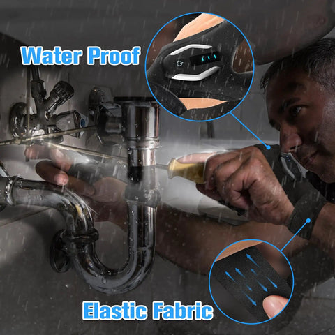 Man repairing pipe wearing LED Flashlight Gloves For Men Dad Gift Night Work Gear With Illuminated Fingers, elastic fabric.