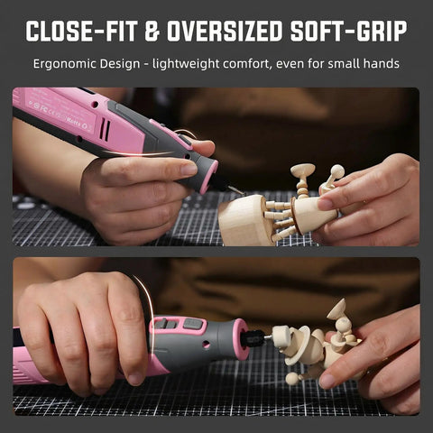 User holding the Pink 4V Cordless Rotary Tool Kit With Seventy Heavy Duty Bits and Slick Engraving Handle for precise wood carving.