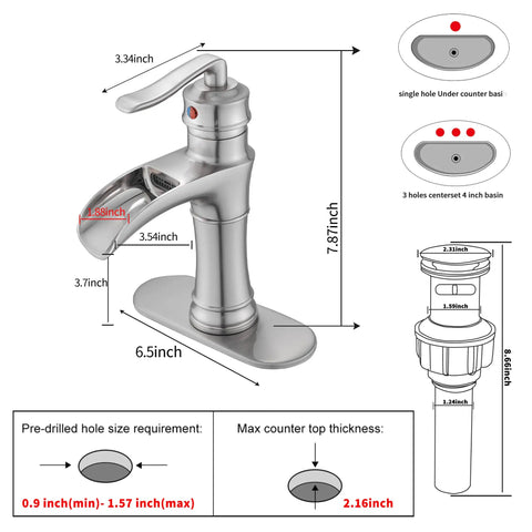 Waterfall Bathroom Faucet Brushed Nickel With Single Handle One Hole Deck Mount Vanity Tap Basin Mixer Includes Drain Assembly And Cover Plate For 1 Or 3 Hole Sinks Easy Install No Fuss, with dimensions diagram