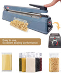 12 Inch 5mm Impulse Heat Sealer Machine With Replacement Parts Bundle showcasing sealed pasta bag and dial, 110V Pro Grade Bag Sealer