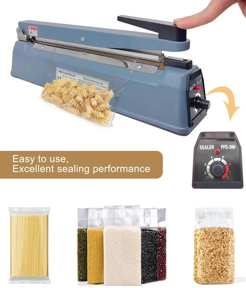 12 Inch 5mm Impulse Heat Sealer Machine With Replacement Parts Bundle showcasing sealed pasta bag and dial, 110V Pro Grade Bag Sealer